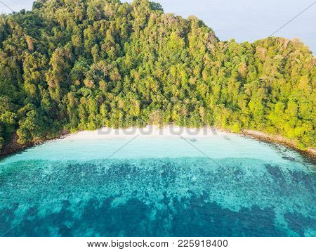 Aerial View From A Drone Of Beautiful Nyaung Oo Phee Island On Sunny Day In Myanmar