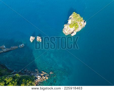 Aerial View From A Drone Of Beautiful Nyaung Oo Phee Island On Sunny Day In Myanmar