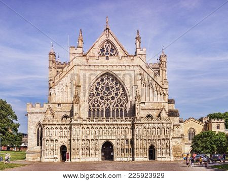 20 June 2017: Exeter, Devon, England, Uk - The West Side Of Exter Cathedral On A Fine Summer Day.