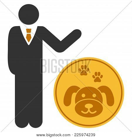 Businessman Show Puppycoin Flat Vector Icon. An Isolated Illustration On A White Background.