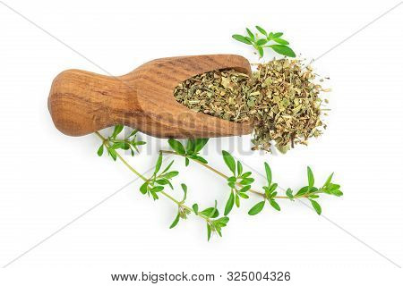 Dried Thyme Leaves In The Wooden Scoop, With Fresh Thyme Isolated On White Background. Top View