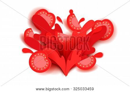 Slices Of Red Tomatoes On The Background Of Spilled Juice, Drops And Splash. Paper Cut Art, Restaura