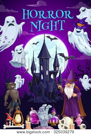 Halloween Haunted House With Horror Night Ghosts Vector Design. Full Moon, Bats And Creepy Castle, S