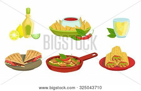 Collection Of Delicious Mexican Cuisine Food Dishes, Burrito, Nachos, Fajitos, Tequila Bottle Vector