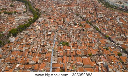 Aerial Cityscape Densely Built Asian City. Urban Environment In Asia. Modern City Surabaya With Buil