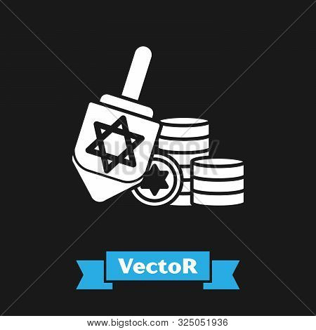 White Hanukkah Dreidel And Coin Icon Isolated On Black Background. Vector Illustration