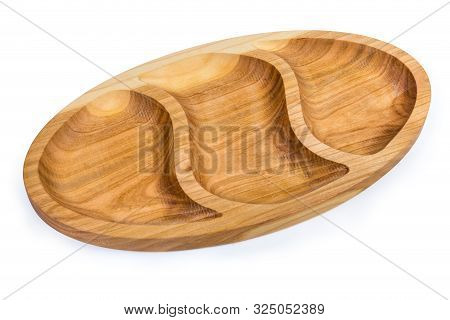 Empty Oval Compartmental Dish With Three Departments Of Original Design Made With Hardwood On A Whit