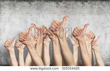 Row Of Man Hands Showing Thumb Up Gesture. Agreement And Approval Group Of Signs. Human Hands Gestur