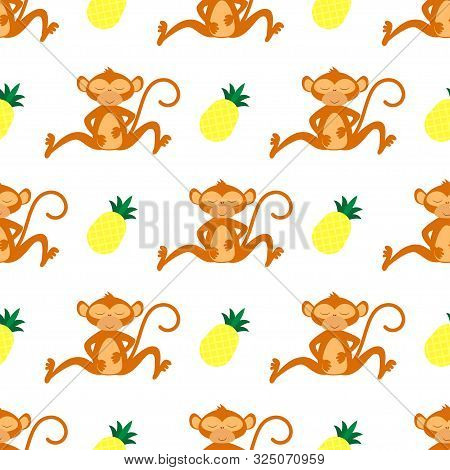Seamless Pattern Of Cute Monkey With Pineaple Isolated On White Background, Tshirt Design For Any Ve