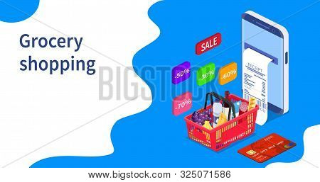 Grocery Shopping Online Isometric Concept. Can Use For Web Banner, Infographics. Vector Illustration