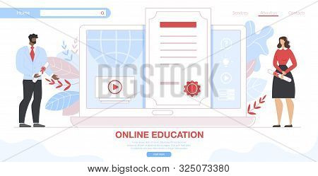Online Education. Adult People Holding Diploma Certificates Stand At Huge Gadgets Monitors. Training