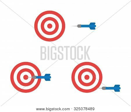 Vector Icon Set Of Bulls Eye And Dart, Hit And Miss The Target. Flat Color Style.
