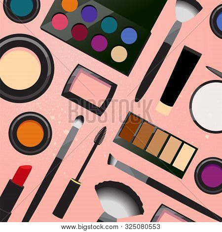 Various Makeup Products In Flatlay Arrangement On A Pink Square Background.