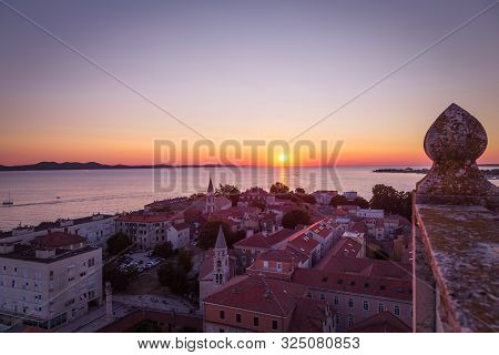 Beautiful Sunset On The Adriatic Sea At The Croatian Town Of Zadar, Europe.