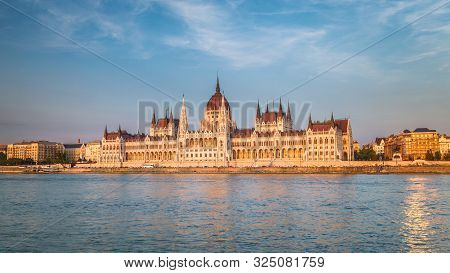 The Hungarian Parliament Building, A Notable Landmark Of Hungary In Budapest. View Of The Main Facad