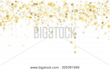 Stylish Gold Confetti Sequins Tinsels Scatter On White. Glittering New Year Vector Sequins Backgroun