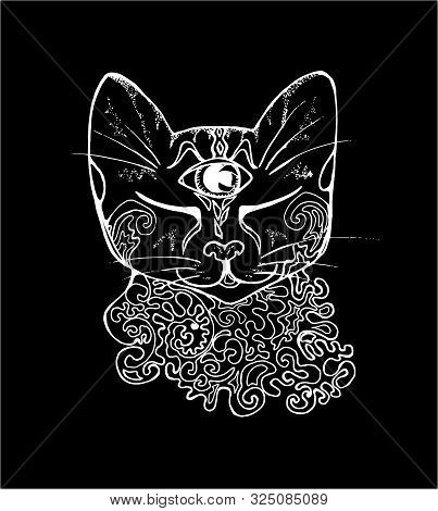 An Illustration Of A Psychedelic Cat. Black And White Drawing Of A Cat. Chalk On A Blackboard.