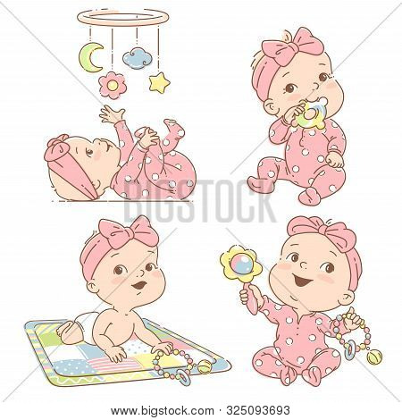 Set With Baby Girl Playing Toys. First Year Games.