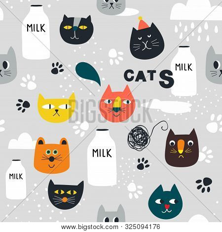 Creative Seamless Surface Design With Cats And Bottles Of Milk.