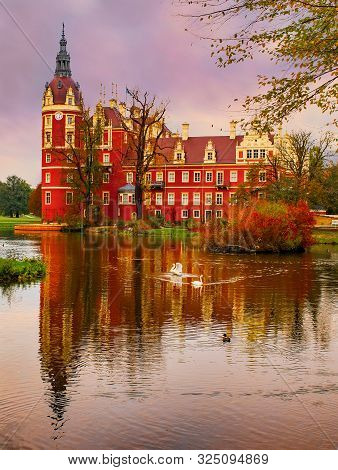 Couple Of White Swans On The Pond In Famous Muskau Park At Autumn Evening. Muskau Castle On Backgrou