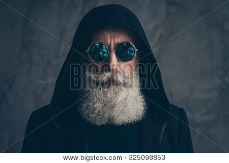 Close-up Portrait Of His He Nice Well-groomed Attractive Focused Peaceful Calm Bearded Gray-haired M