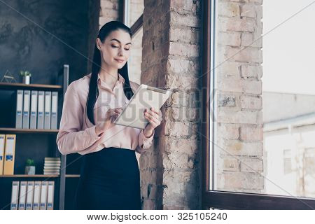 Low Below Angle View Photo Of Beautiful Cute Attractive Employer Considering Application For Job In 