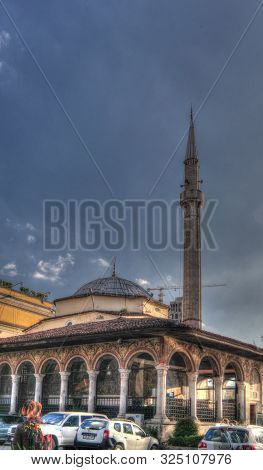 Exterior View To Ethem Bey Mosque At Skanderbeg Square In Tirana, Albania