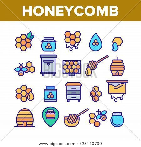Honeycomb Collection Elements Icons Set Vector Thin Line. Bee Swarm, Beekeeper And Sweets, Nectar An