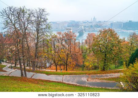 Park Walkway At Buda Hill Castle, Budapest, Hungary. Autumn.