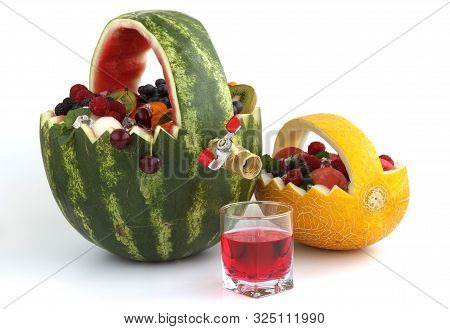 Fruit Basket And Juice Drain Tap. The Basket Is Made Of Watermelon And Filled With Different Fruits
