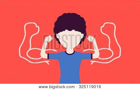 Strong Boy Showing Off Biceps. Schoolboy Athlete Trying To Impress With Muscles, Kid Enjoys Sport, H
