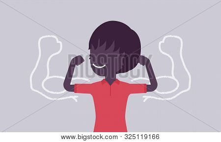 Strong Boy Showing Off Biceps. Schoolboy Athlete Trying To Impress With Muscles, Kid Enjoys Sport An