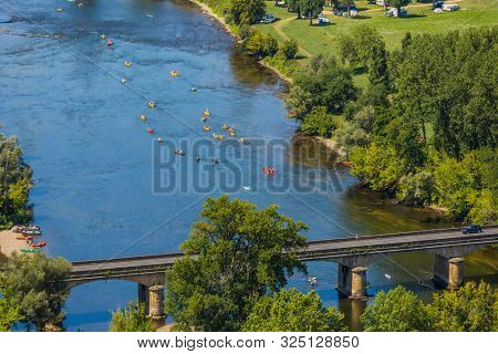 view over patchwork fields and river of the Dordogne valley from Domme, Aquitane, France