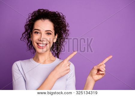 Photo Of Amazing Wavy Lady Indicating Finger To Empty Space Advising Flack Friday Low Prices Shoppin