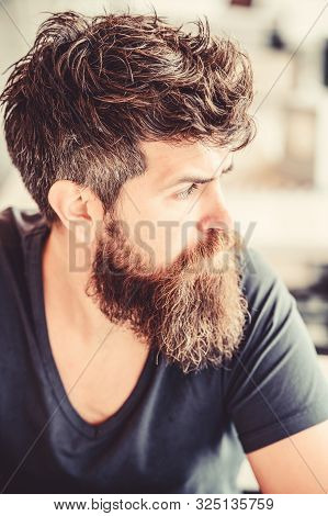 Mature Hipster With Beard Hair. Brutal Male Needs Barber. Waiting And Tinking. Thoughtful Man Outdoo