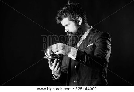 What Is Under Cloche. Waiter Luxury Restaurant. Man Well Groomed Gentleman Formal Suit Hold Little C