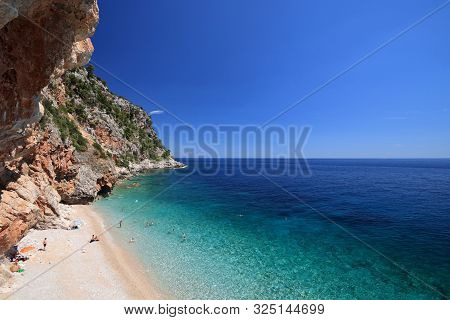 Croatia Landscape. Dalmatia Adriatic Coast. Pasjaca Beach Below Cliffs In Konavle.