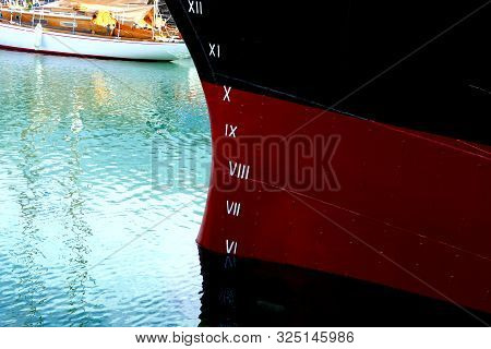 Plimsoll Line Painted On A Ship Hull. An Indication Of The Maximum Depth To Which The Ship May Be Sa