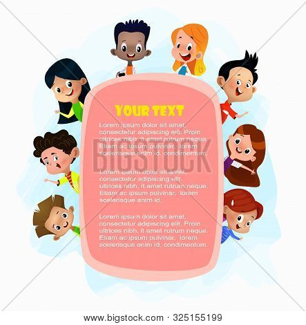 Illustration Of Kids Peeping Behind Pink Placard. Multiathnic Group Of Kids. Vector