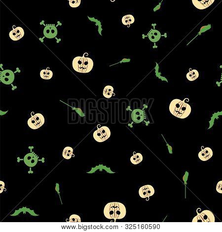 Halloween Vector Background With Spiders, Bats, Spiderwebs And Skulls In Black, Green And Yellow. Se