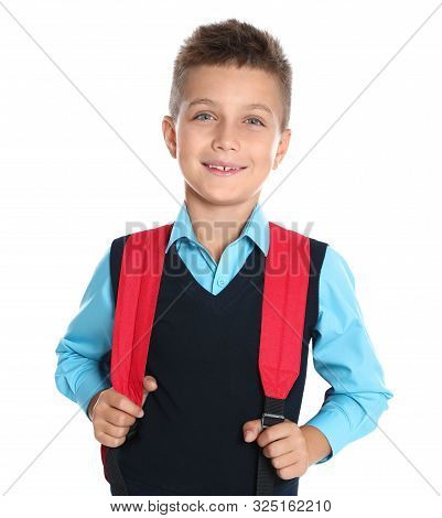 Happy Boy In School Uniform On White Background
