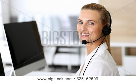 Call Center. Happy And Excited Business Woman Using Headset While Consulting Clients Online. Custome