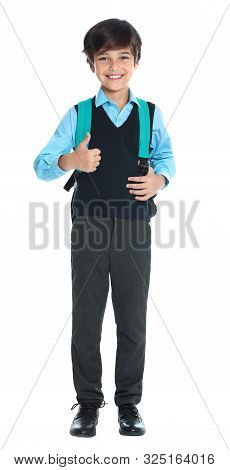 Happy Boy In School Uniform On White Background