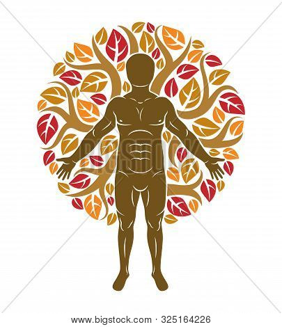 Vector Graphic Illustration Of Muscular Human, Self Surrounded With Autumn Tree Eco Leaves. Living I