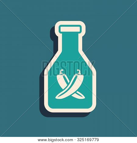 Green Ketchup Bottle Icon Isolated On Blue Background. Hot Chili Pepper Pod Sign. Barbecue And Bbq G