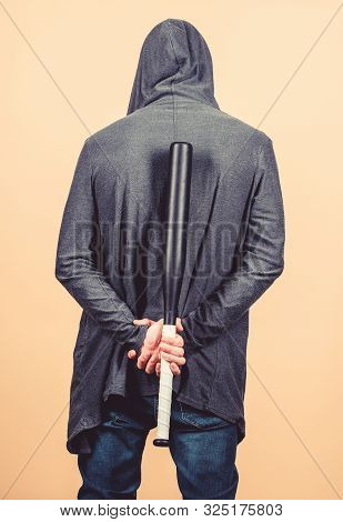 Sportsman Strong Looks Threatening With Bat. Aggression Masculinity Strong Temper. Bully Mood. Bad B