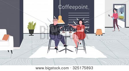 Obese Couple Eating Sweet Tasty Cake Overweight Woman Feeding Her Fat Boyfriend With Spoon Unhealthy