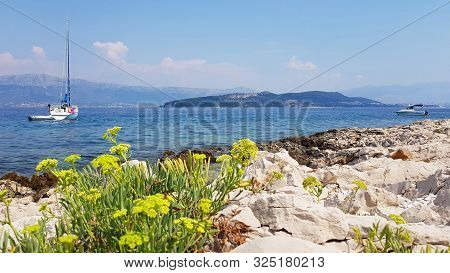 View From The Beach  To The Adriatic Sea Near Trogir In Croatia