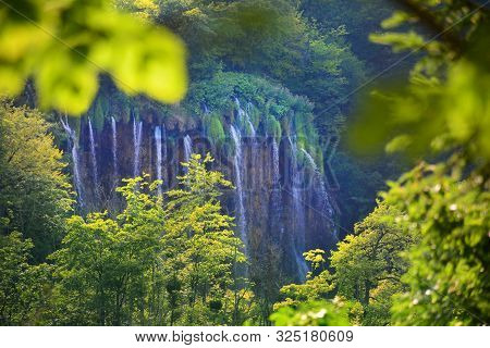 Waterfalls In Forest. Plitvice National Park, Croatia