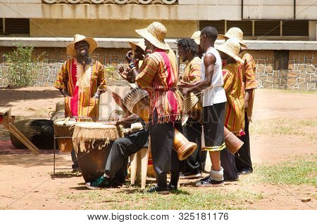 Kampala, Uganda - October 03, 2012.  Drums Perform Traditional Music With A Group Outside The Kampal